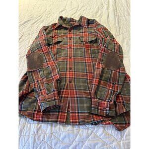 Austin Reed Mens L Cotton Flannel Plaid Shirt Suede Elbow Patches pockets chore
